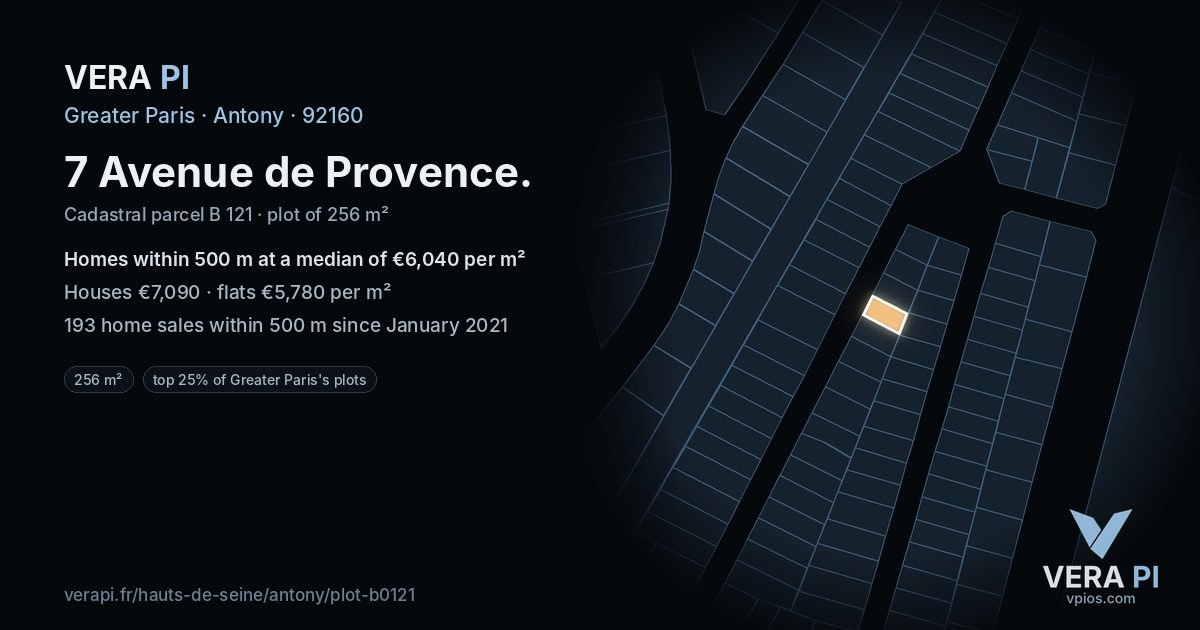 7 Avenue de Provence, Antony at night – the plot lit, the parcels around coloured by the prices near them