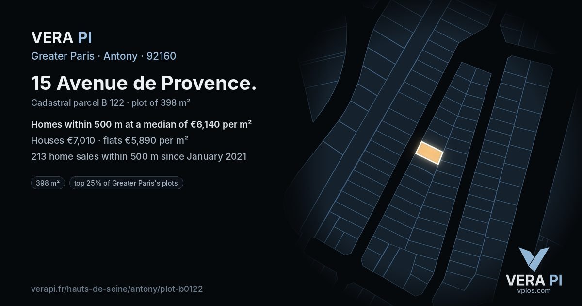 15 Avenue de Provence, Antony at night – the plot lit, the parcels around coloured by the prices near them