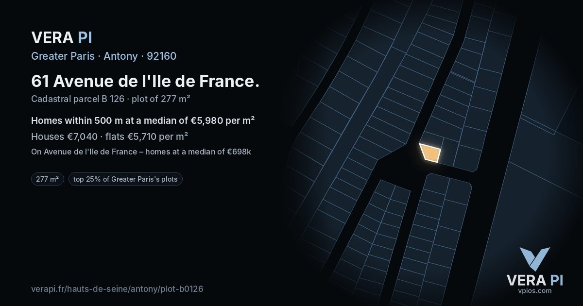 61 Avenue de l'Ile de France, Antony at night – the plot lit, the parcels around coloured by the prices near them