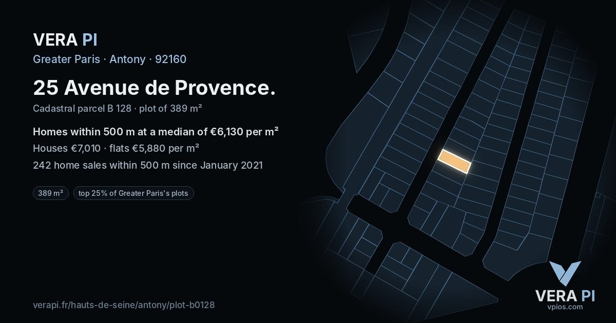 25 Avenue de Provence, Antony at night – the plot lit, the parcels around coloured by the prices near them