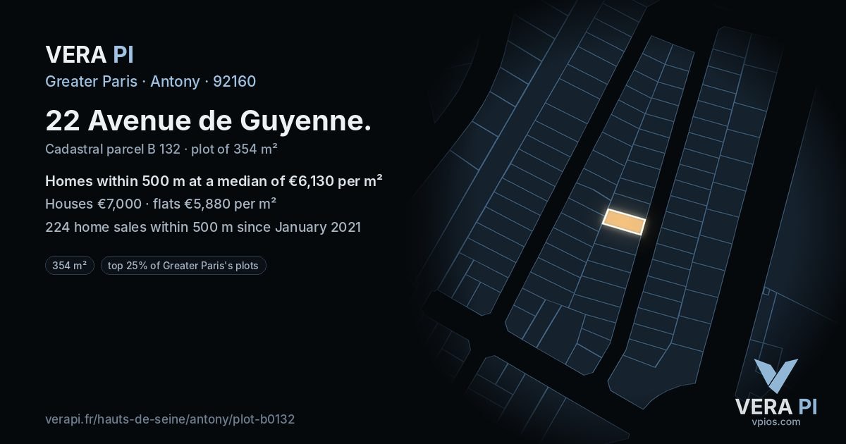22 Avenue de Guyenne, Antony at night – the plot lit, the parcels around coloured by the prices near them