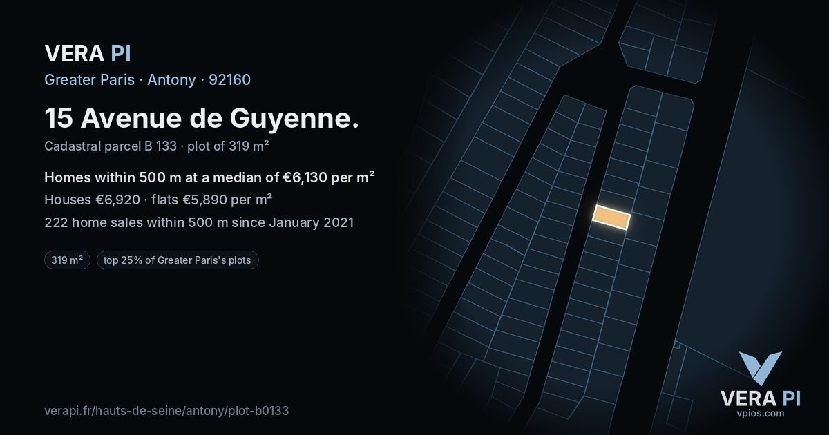 15 Avenue de Guyenne, Antony at night – the plot lit, the parcels around coloured by the prices near them