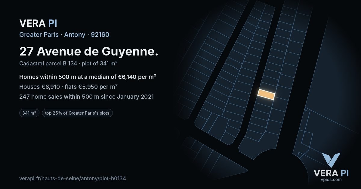 27 Avenue de Guyenne, Antony at night – the plot lit, the parcels around coloured by the prices near them
