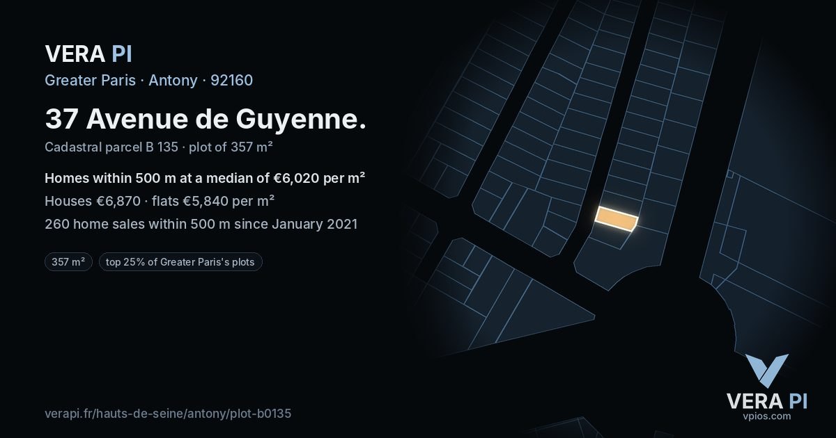 37 Avenue de Guyenne, Antony at night – the plot lit, the parcels around coloured by the prices near them
