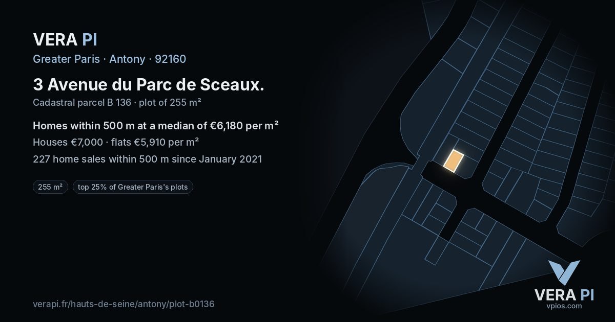3 Avenue du Parc de Sceaux, Antony at night – the plot lit, the parcels around coloured by the prices near them