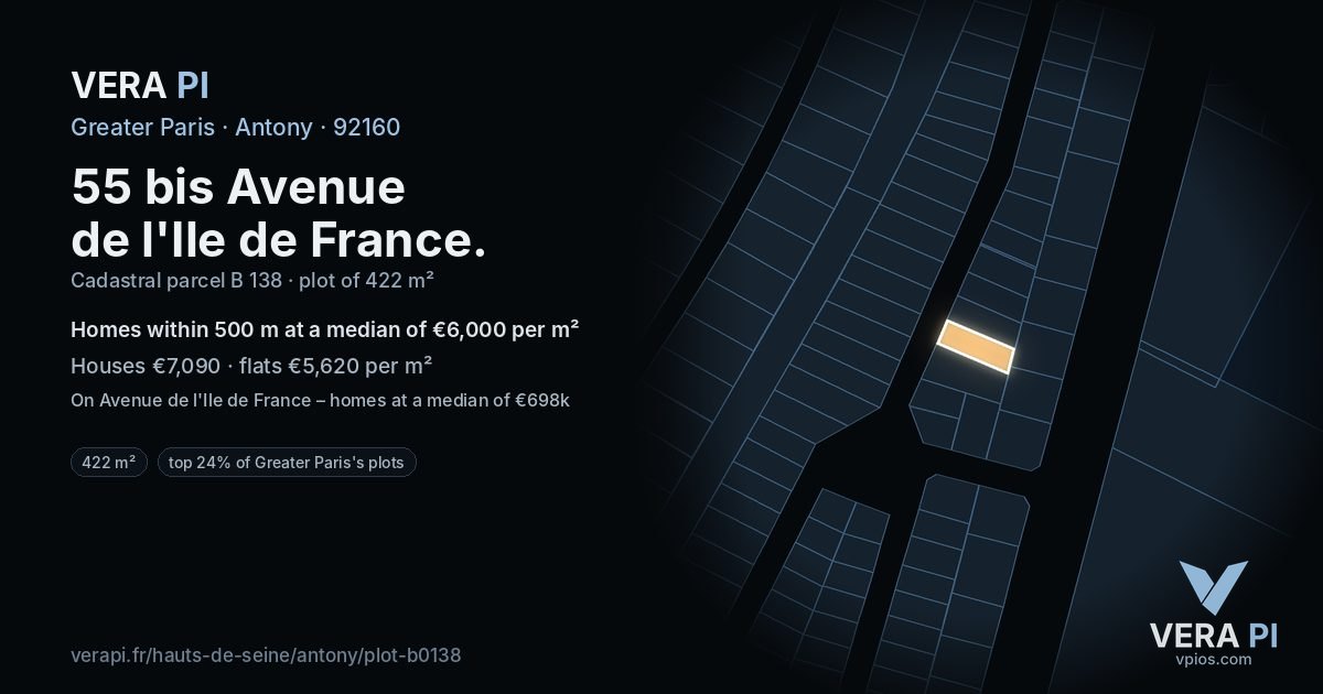 55 bis Avenue de l'Ile de France, Antony at night – the plot lit, the parcels around coloured by the prices near them