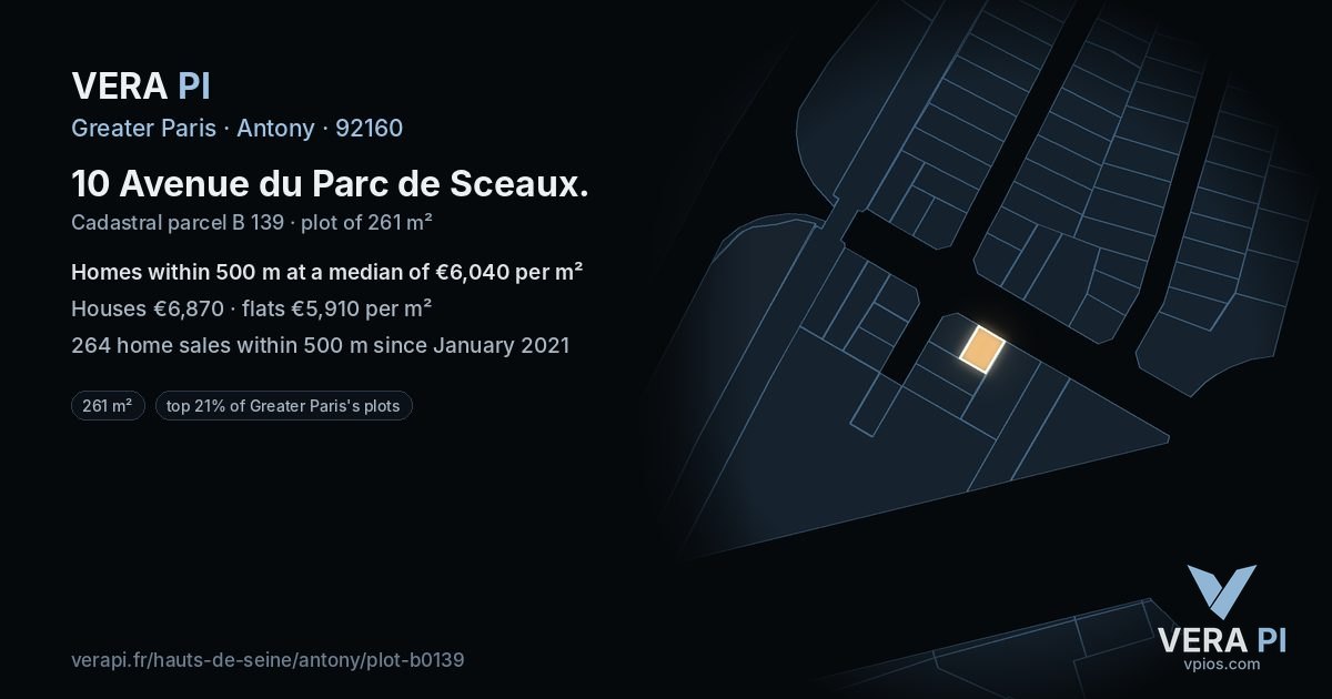 10 Avenue du Parc de Sceaux, Antony at night – the plot lit, the parcels around coloured by the prices near them