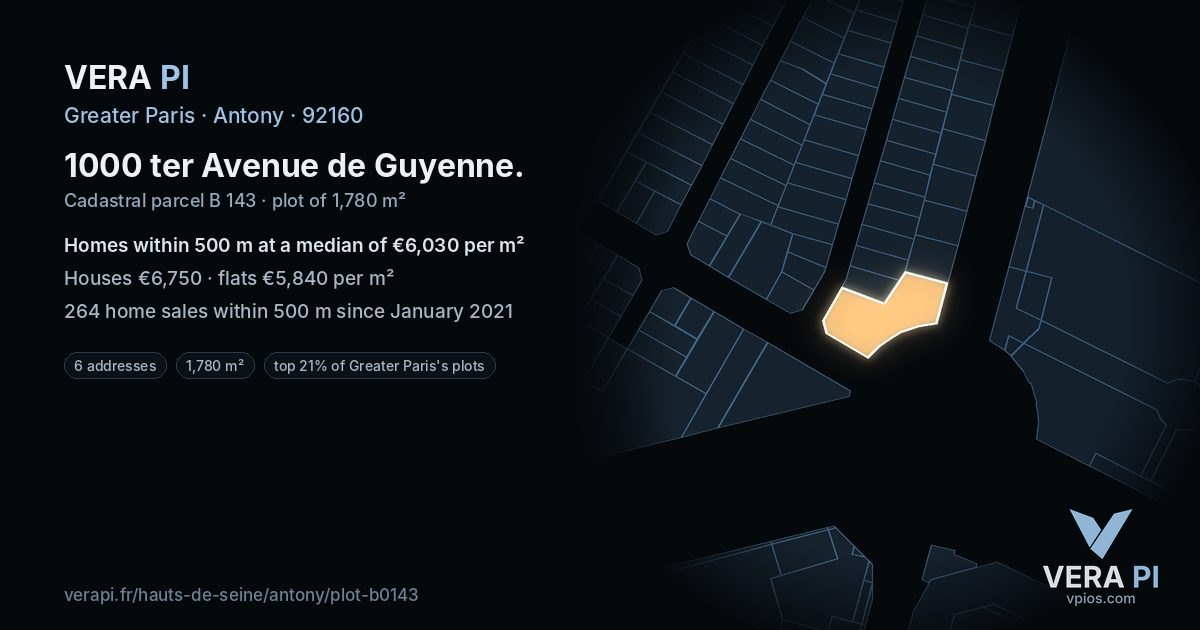 1000 ter Avenue de Guyenne, Antony at night – the plot lit, the parcels around coloured by the prices near them