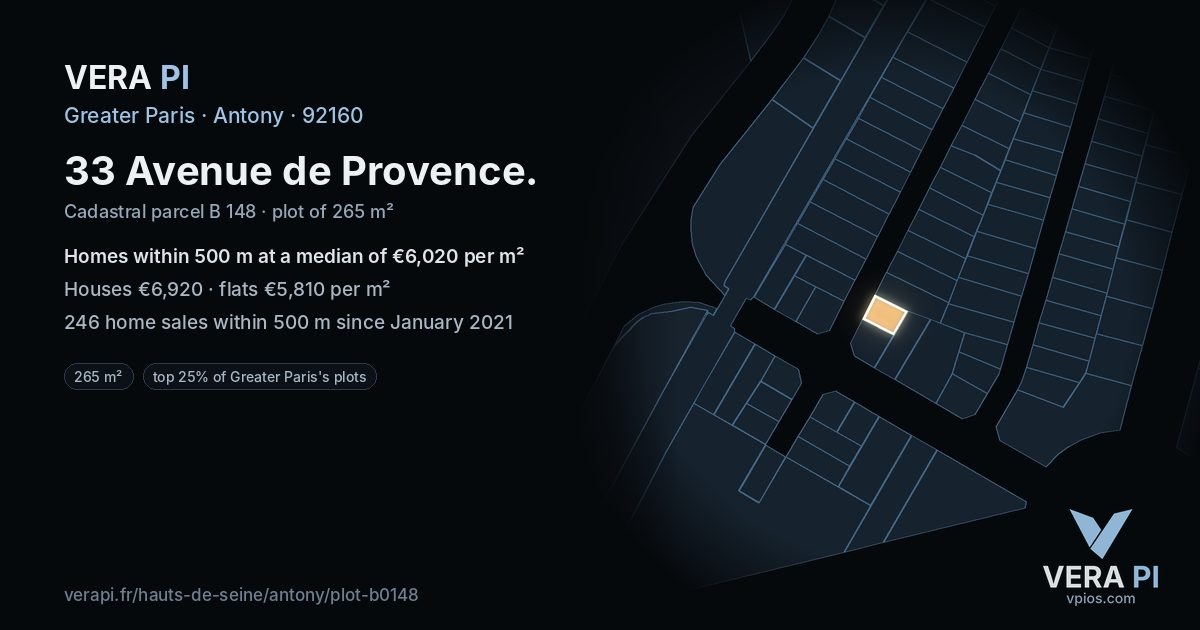 33 Avenue de Provence, Antony at night – the plot lit, the parcels around coloured by the prices near them
