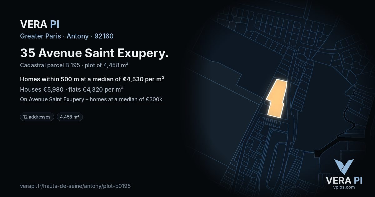35 Avenue Saint Exupery, Antony at night – the plot lit, the parcels around coloured by the prices near them