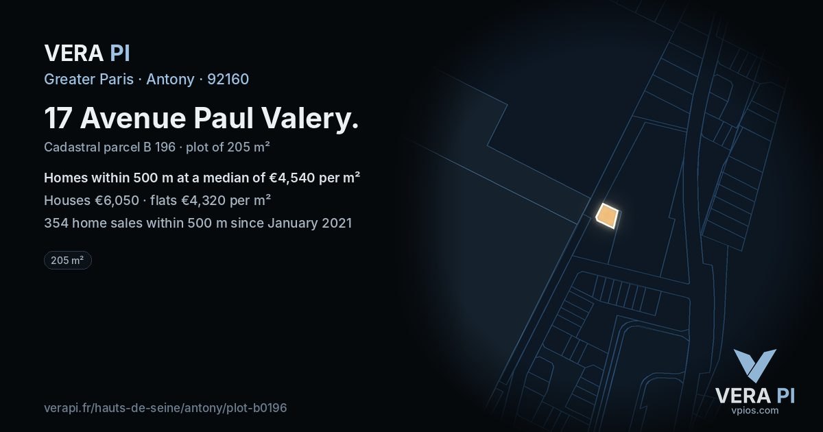 17 Avenue Paul Valery, Antony at night – the plot lit, the parcels around coloured by the prices near them