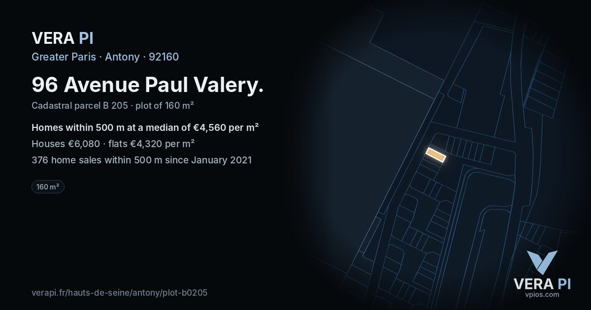 96 Avenue Paul Valery, Antony at night – the plot lit, the parcels around coloured by the prices near them