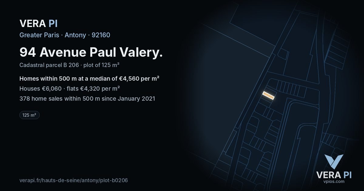94 Avenue Paul Valery, Antony at night – the plot lit, the parcels around coloured by the prices near them