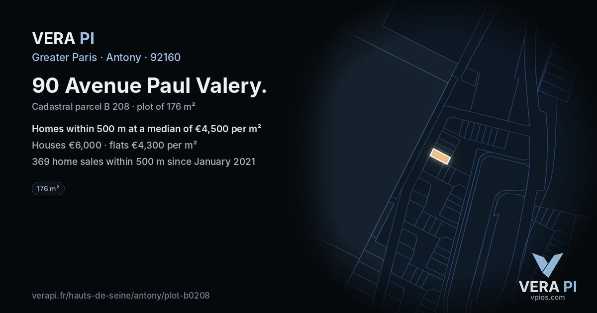 90 Avenue Paul Valery, Antony at night – the plot lit, the parcels around coloured by the prices near them