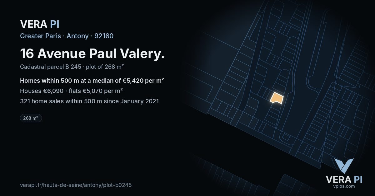 16 Avenue Paul Valery, Antony at night – the plot lit, the parcels around coloured by the prices near them
