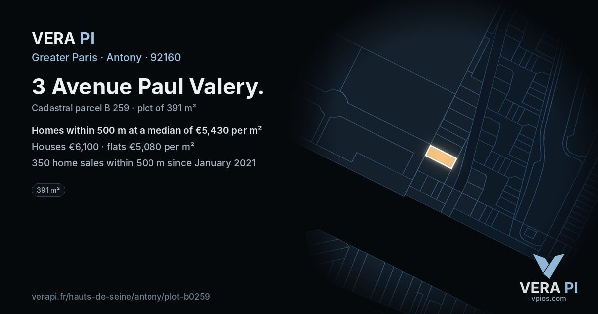 3 Avenue Paul Valery, Antony at night – the plot lit, the parcels around coloured by the prices near them