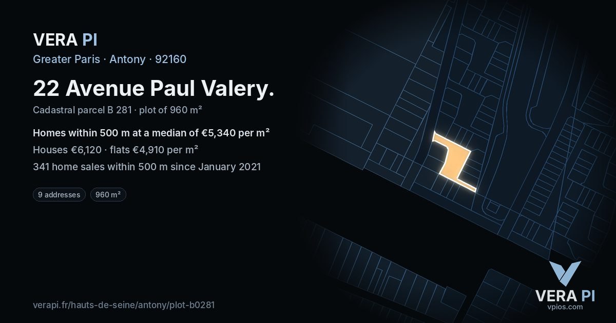 22 Avenue Paul Valery, Antony at night – the plot lit, the parcels around coloured by the prices near them