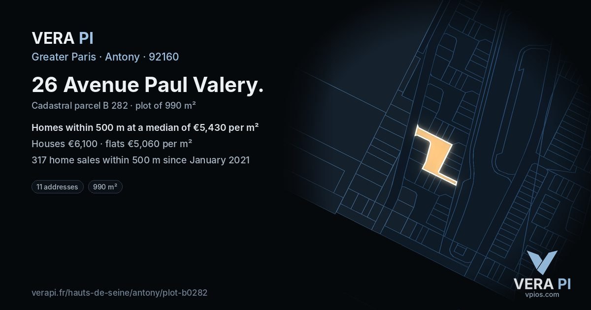 26 Avenue Paul Valery, Antony at night – the plot lit, the parcels around coloured by the prices near them