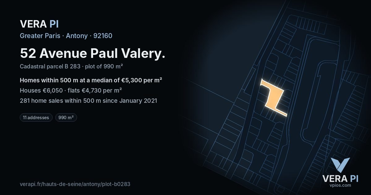 52 Avenue Paul Valery, Antony at night – the plot lit, the parcels around coloured by the prices near them