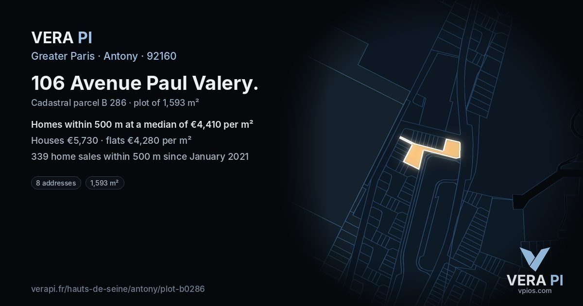 106 Avenue Paul Valery, Antony at night – the plot lit, the parcels around coloured by the prices near them