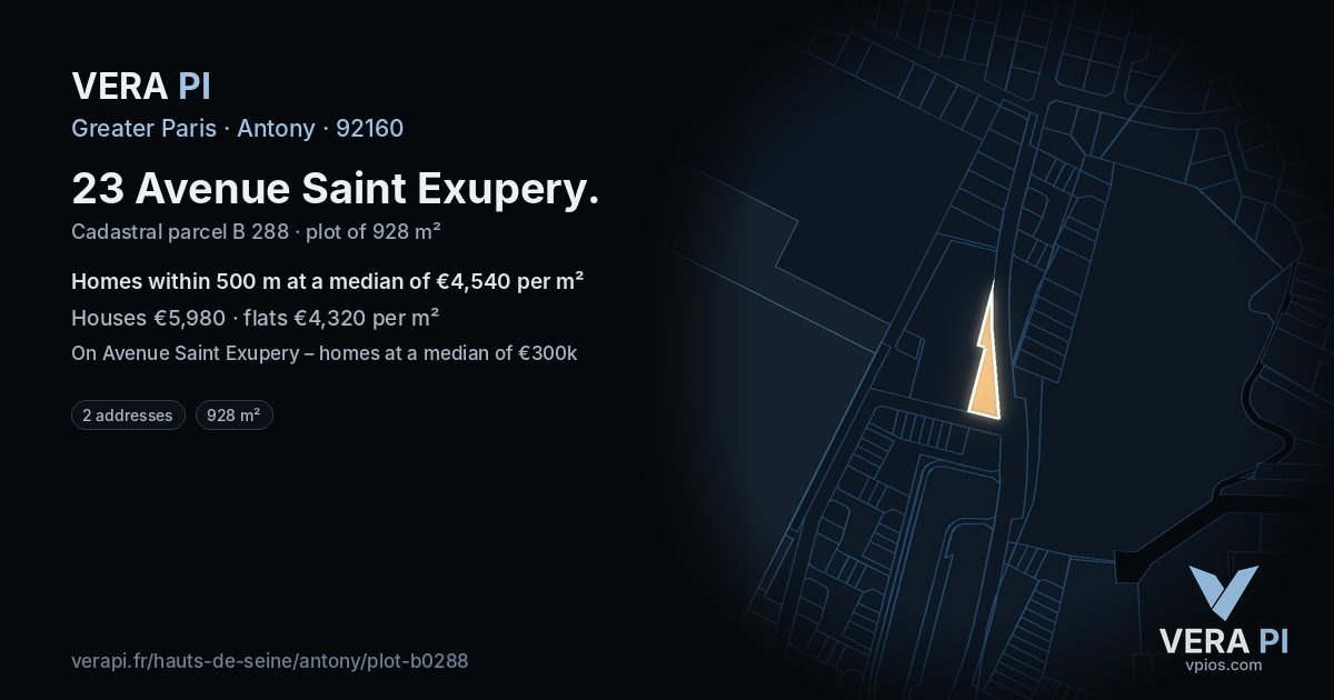 23 Avenue Saint Exupery, Antony at night – the plot lit, the parcels around coloured by the prices near them
