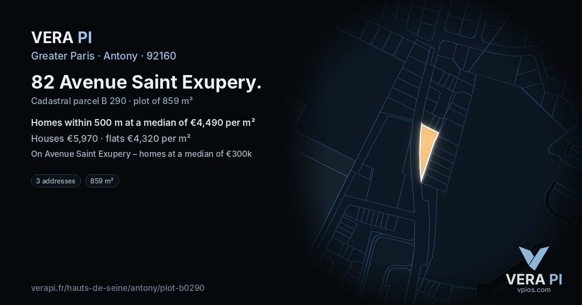 82 Avenue Saint Exupery, Antony at night – the plot lit, the parcels around coloured by the prices near them