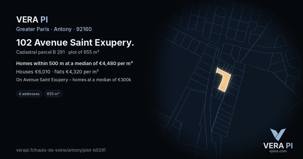 102 Avenue Saint Exupery, Antony at night – the plot lit, the parcels around coloured by the prices near them