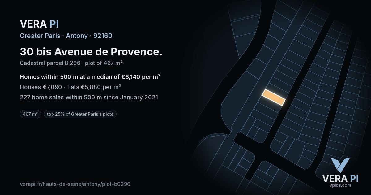 30 bis Avenue de Provence, Antony at night – the plot lit, the parcels around coloured by the prices near them