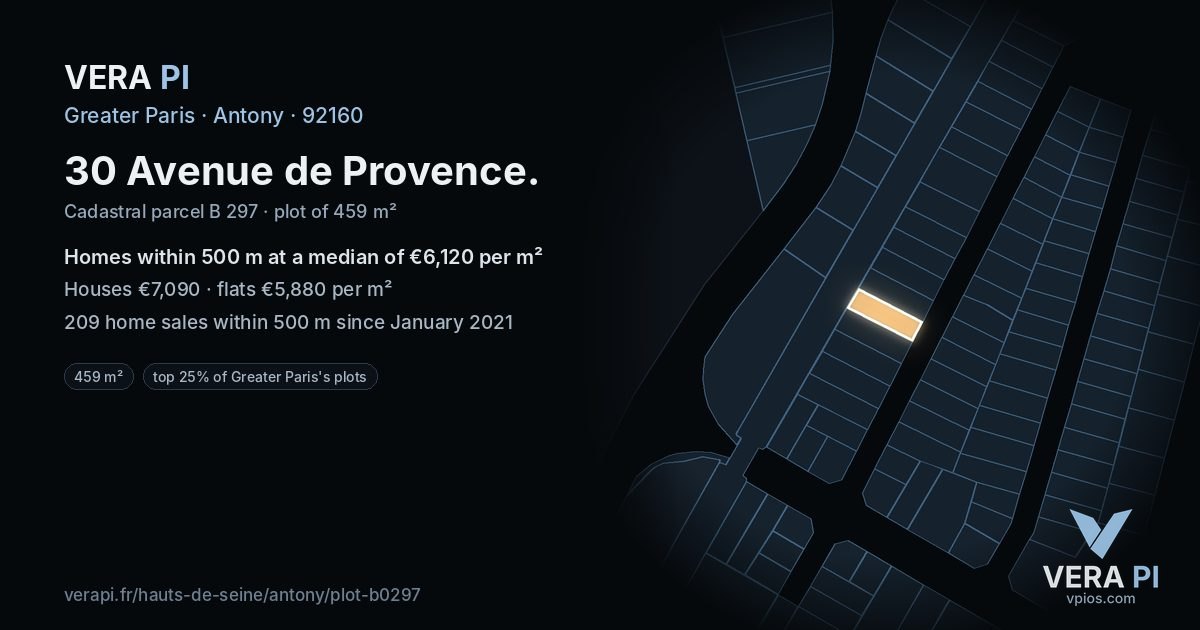 30 Avenue de Provence, Antony at night – the plot lit, the parcels around coloured by the prices near them