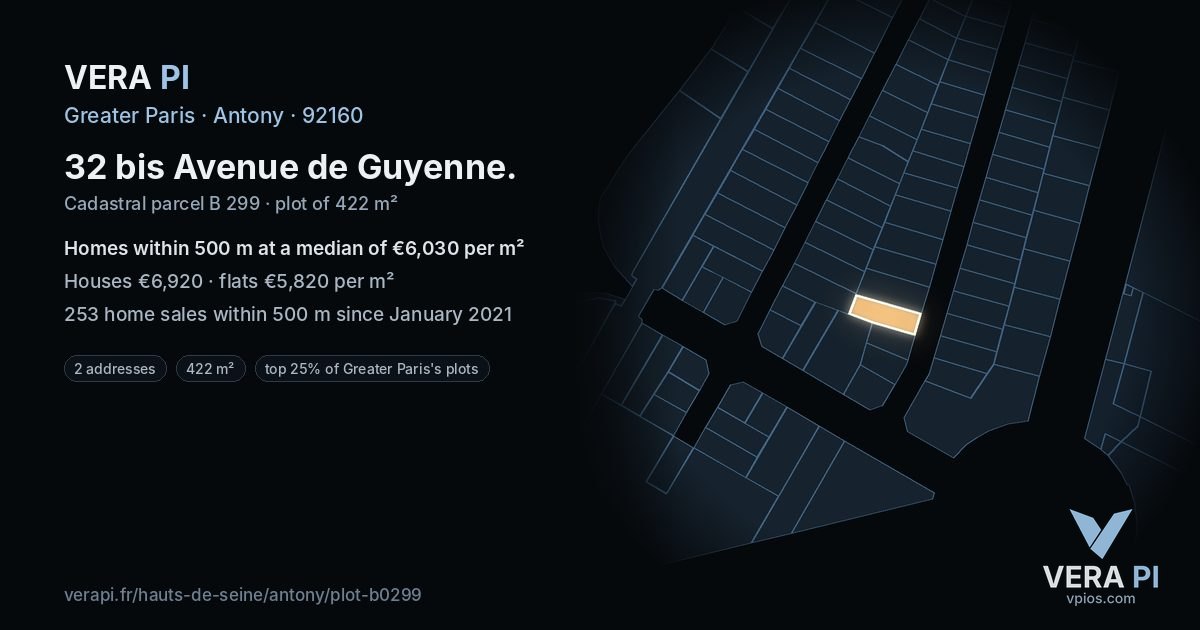 32 bis Avenue de Guyenne, Antony at night – the plot lit, the parcels around coloured by the prices near them