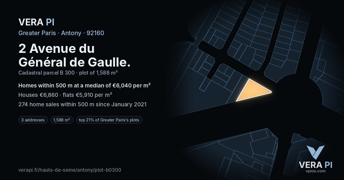 2 Avenue du Général de Gaulle, Antony at night – the plot lit, the parcels around coloured by the prices near them