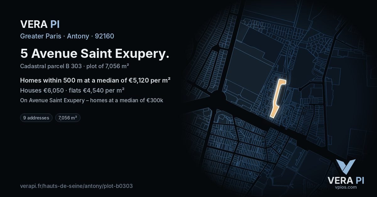 5 Avenue Saint Exupery, Antony at night – the plot lit, the parcels around coloured by the prices near them