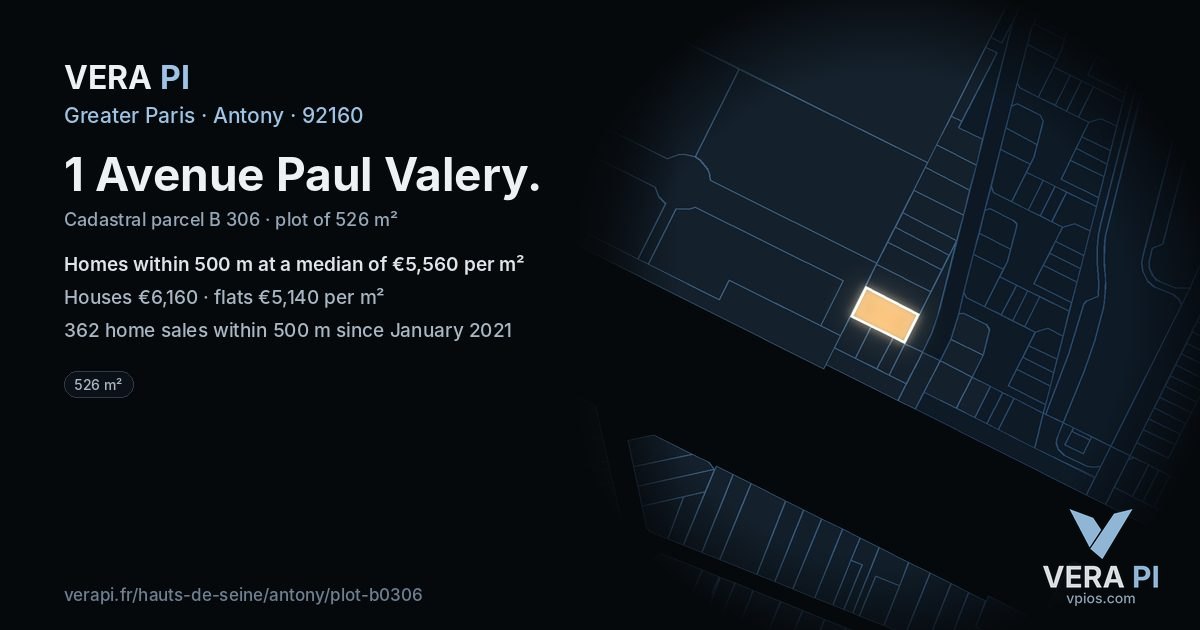 1 Avenue Paul Valery, Antony at night – the plot lit, the parcels around coloured by the prices near them