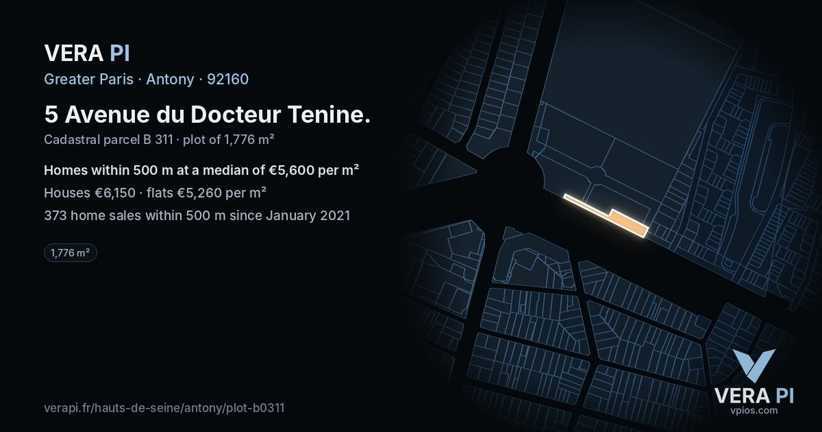 5 Avenue du Docteur Tenine, Antony at night – the plot lit, the parcels around coloured by the prices near them