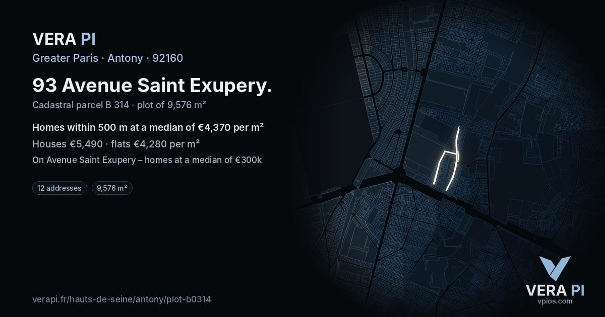 93 Avenue Saint Exupery, Antony at night – the plot lit, the parcels around coloured by the prices near them