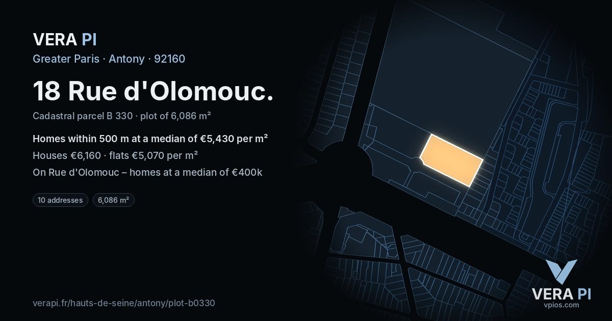 18 Rue d'Olomouc, Antony at night – the plot lit, the parcels around coloured by the prices near them