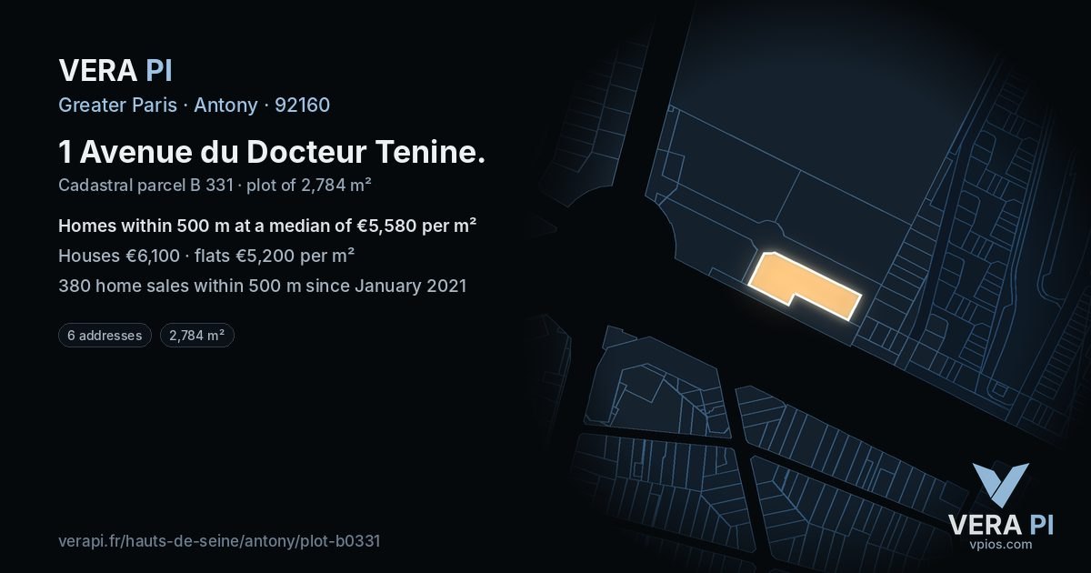 1 Avenue du Docteur Tenine, Antony at night – the plot lit, the parcels around coloured by the prices near them