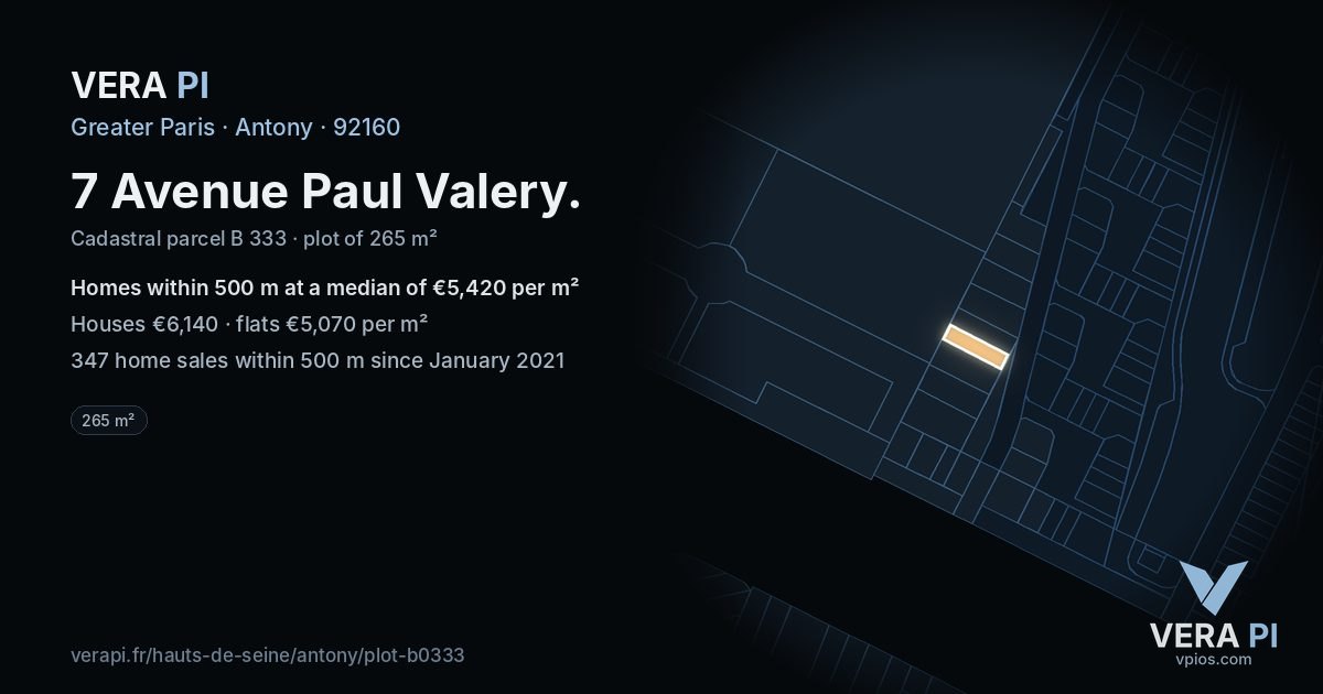 7 Avenue Paul Valery, Antony at night – the plot lit, the parcels around coloured by the prices near them