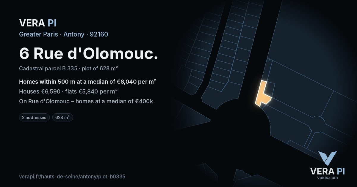 6 Rue d'Olomouc, Antony at night – the plot lit, the parcels around coloured by the prices near them