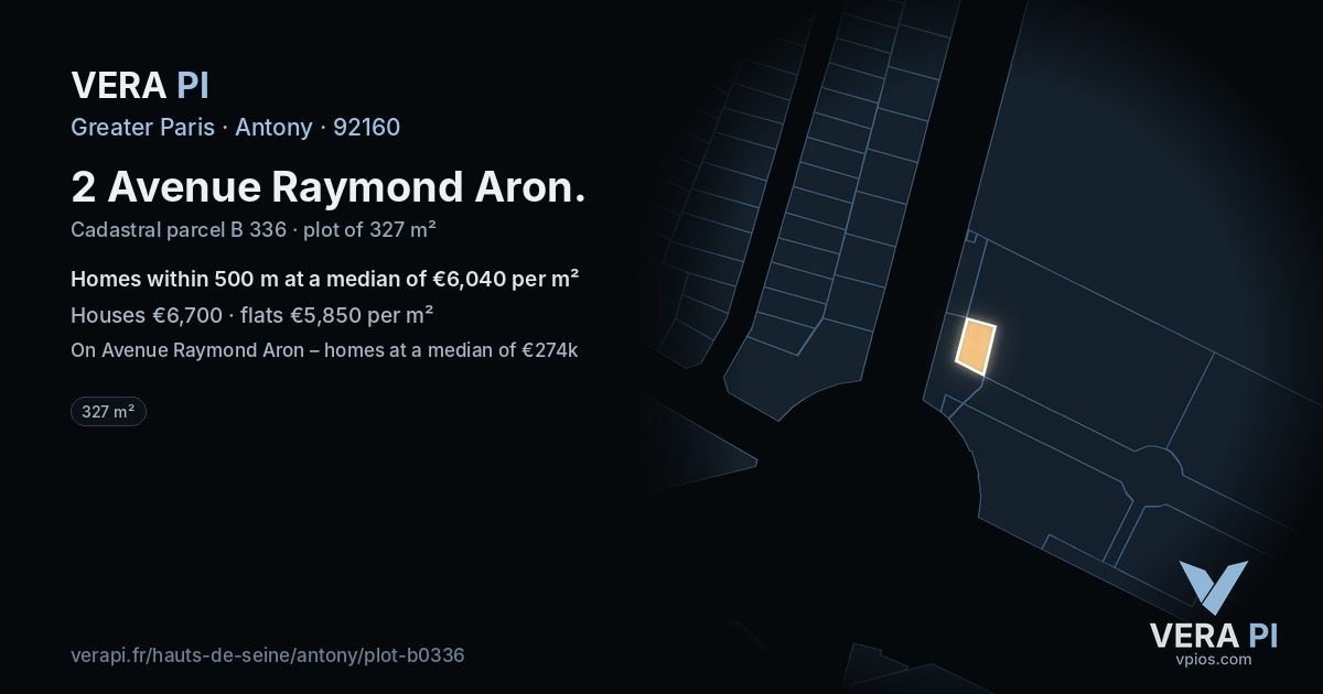 2 Avenue Raymond Aron, Antony at night – the plot lit, the parcels around coloured by the prices near them