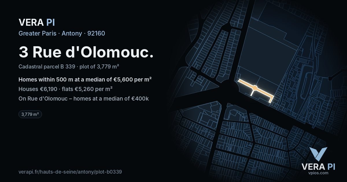 3 Rue d'Olomouc, Antony at night – the plot lit, the parcels around coloured by the prices near them