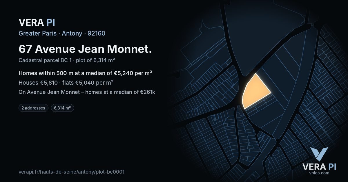 67 Avenue Jean Monnet, Antony at night – the plot lit, the parcels around coloured by the prices near them
