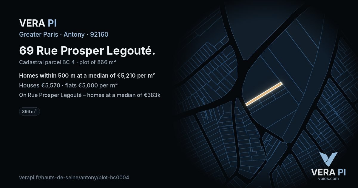 69 Rue Prosper Legouté, Antony at night – the plot lit, the parcels around coloured by the prices near them