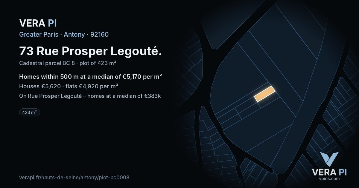 73 Rue Prosper Legouté, Antony at night – the plot lit, the parcels around coloured by the prices near them