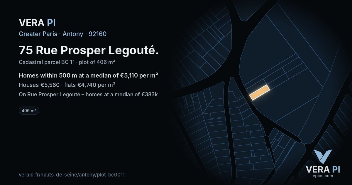75 Rue Prosper Legouté, Antony at night – the plot lit, the parcels around coloured by the prices near them