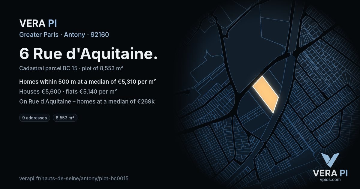 6 Rue d'Aquitaine, Antony at night – the plot lit, the parcels around coloured by the prices near them