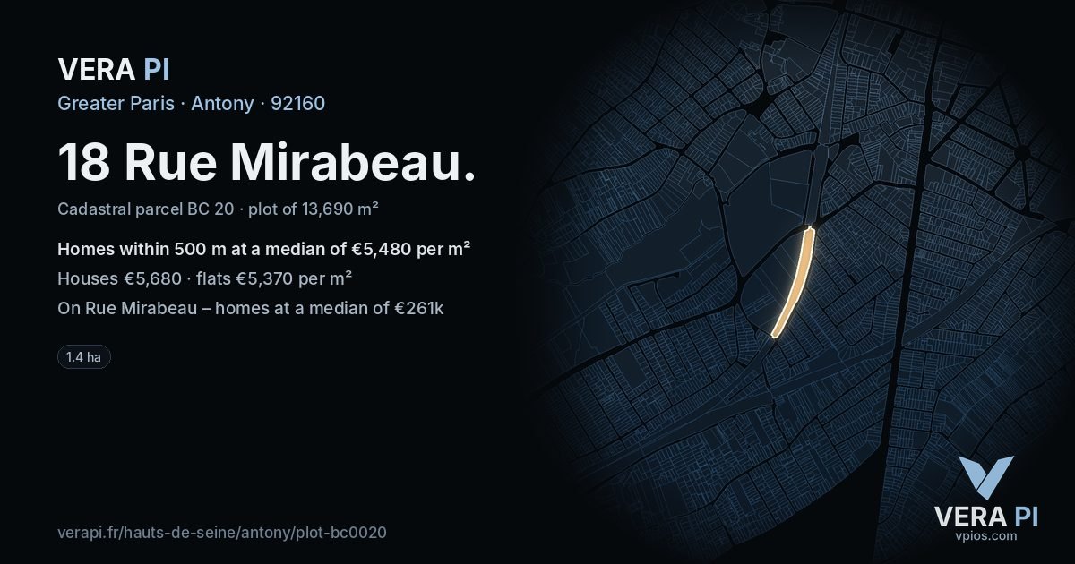 18 Rue Mirabeau, Antony at night – the plot lit, the parcels around coloured by the prices near them