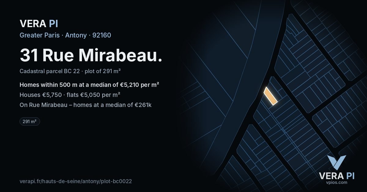 31 Rue Mirabeau, Antony at night – the plot lit, the parcels around coloured by the prices near them