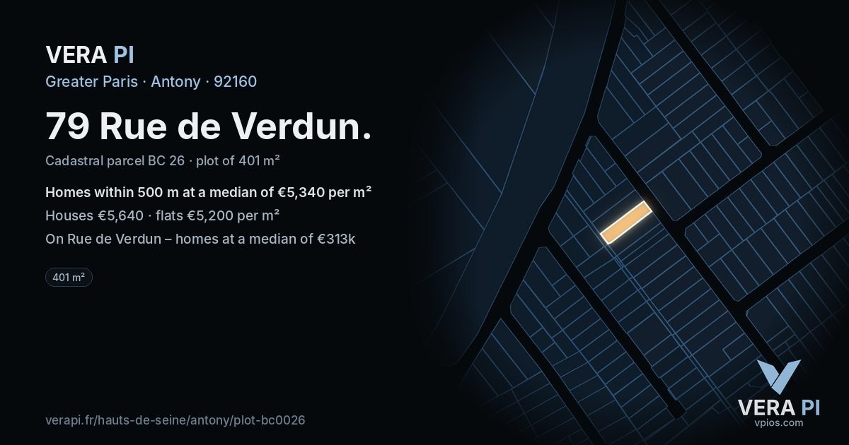 79 Rue de Verdun, Antony at night – the plot lit, the parcels around coloured by the prices near them