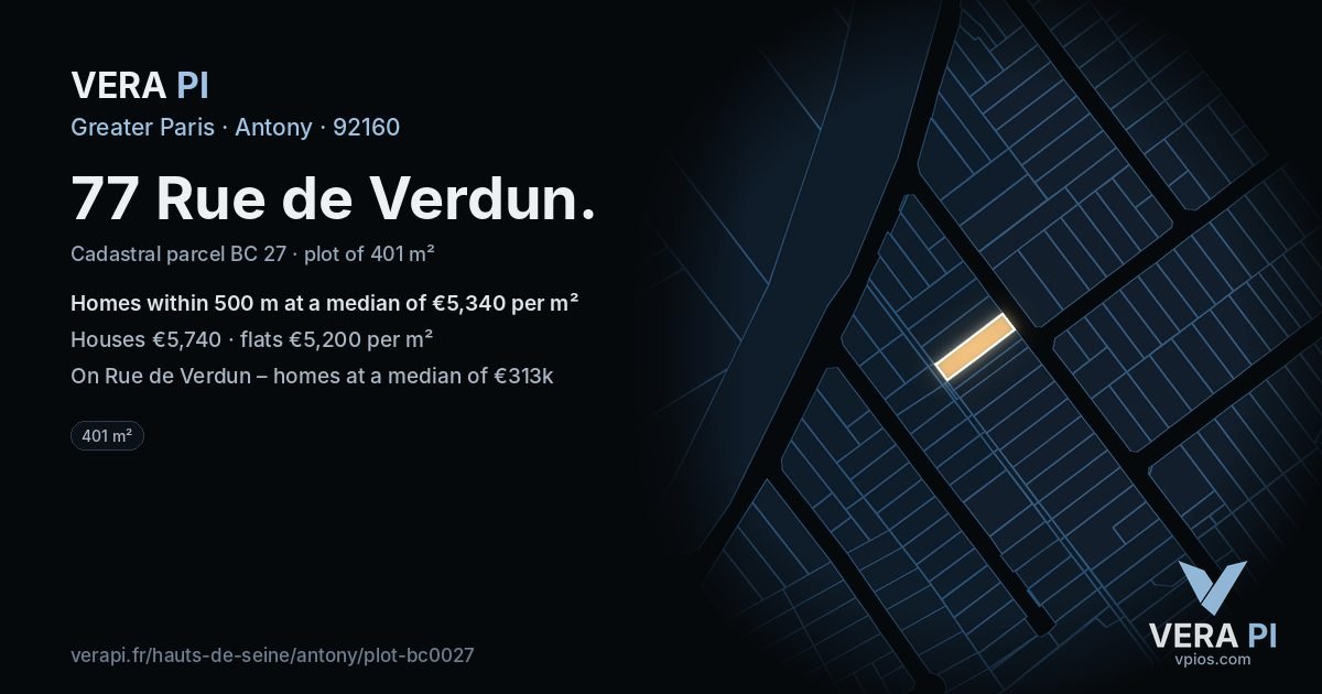 77 Rue de Verdun, Antony at night – the plot lit, the parcels around coloured by the prices near them